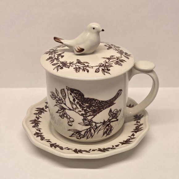 Vtg Andrea by Sadek Toile 4 pc Tea Cup Set Strainer Lid Elisabeth Trostli Bird - Picture 6 of 6